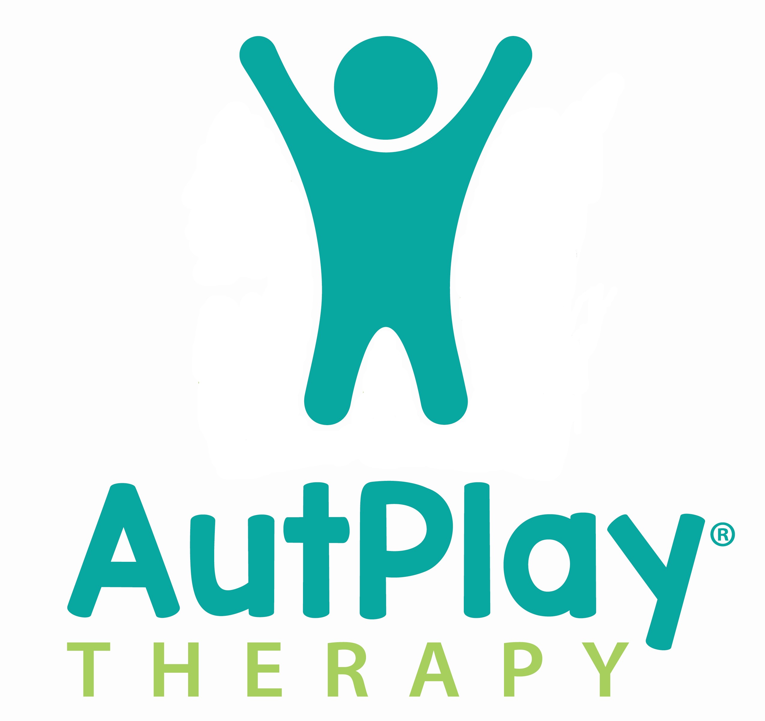 Turquoise body with arms up and turquoise word AutPlay, and green word Therapy
