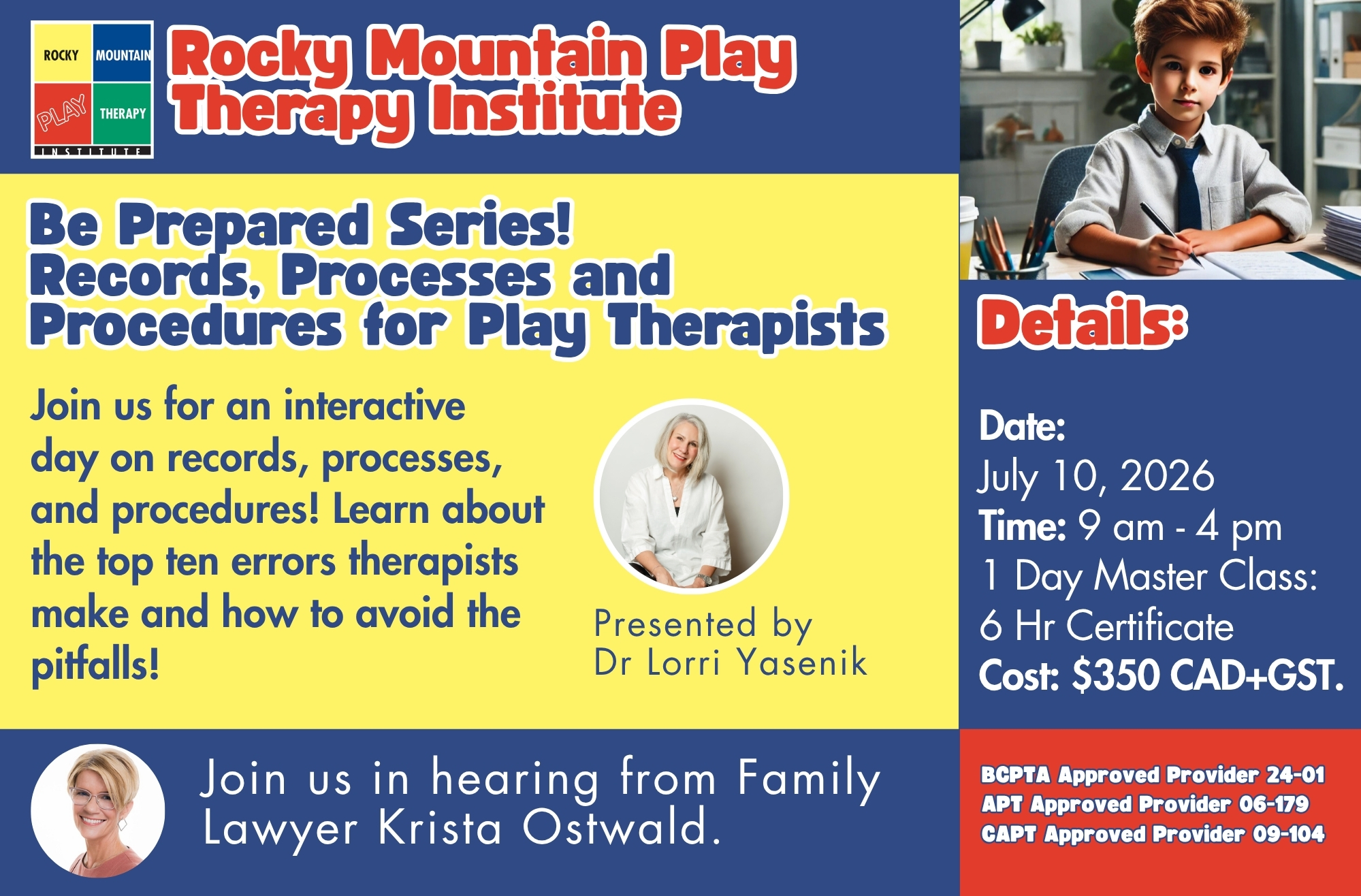 Join Rocky Mountain Play Therapy Institute for an interactive day on records, processes, and procedures! Learn about the top ten errors therapists make and how to avoid the pitfalls!