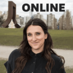 Kaela Blahey wearing a black button up shirt outside in front of green grass with a path halfway through. There are buildings in the background and greyish blue skies. There is also the word online in the sky because this is an online workshop.