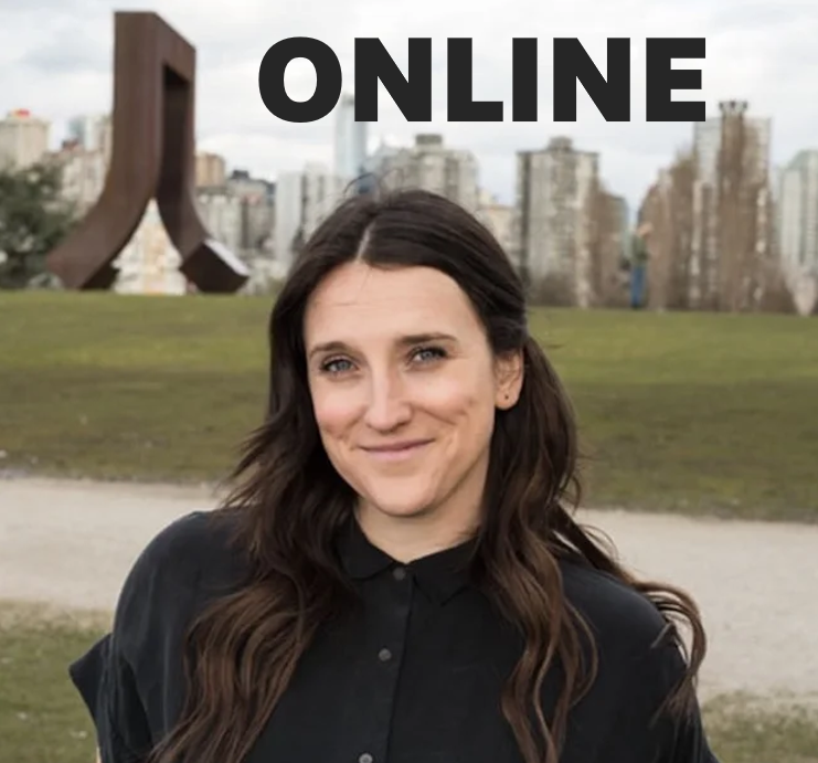 Kaela Blahey wearing a black button up shirt outside in front of green grass with a path halfway through. There are buildings in the background and greyish blue skies. There is also the word online in the sky because this is an online workshop.